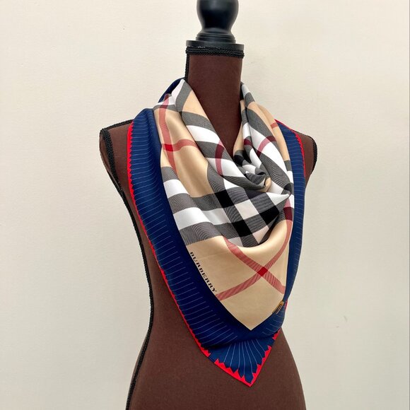 NWT Burberry Scarf Logo Iconic Beige Check Blue Border Silk Wrap - Picture 10 of 16